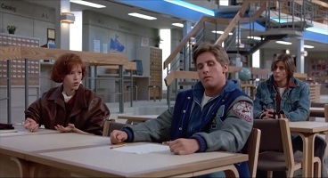 The Breakfast Club; Claire Standish, Andrew Clark and John Bender (Molly Ringwald, Emilio Estevez and Judd Nelson) fail to observe silence in the library.