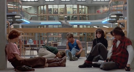 The Breakfast Club; making confessions out class, Claire, Brian, Andy, Allison and John (Molly Ringwald, Anthony Michael Hall, Emilio Estevez, Ally Sheedy and Judd Nelson).