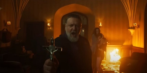 The Pope's Exorcist; Father Gabriele Amorth (Russell Crowe) attempts to expel the demon Asmodeus.