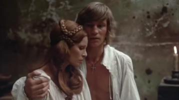 The Three Musketeers: Constance Bonacieux (Raquel Welch) is comforted by d'Artagnan (Michael York).