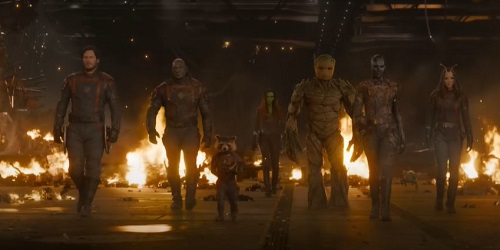 Guardians of the Galaxy Vol. 3; Star-Lord, Drax, Rocket, Gamora, Groot, Nebula and Mantis saving the day.