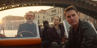 Mission: Impossible - Dead Reckoning; on assignment in Venice, Benji, Luther, Ilsa and Ethan (Simon Pegg, Ving Rhames, Rebecca Ferguson and Tom Cruise).