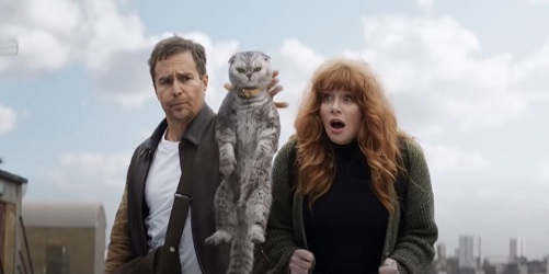 Argylle; Aidan, Alfie and Elly (Sam Rockwell, Chip and Bryce Dallas Howard) test the validity of their proposed escape plan.